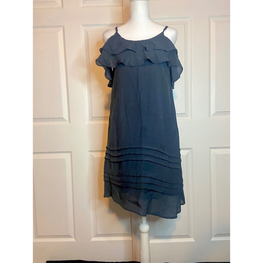 Wishlist Cold Shoulder Ruffle Mini Dress Blue Grey Tiered Pleated Skirt Small